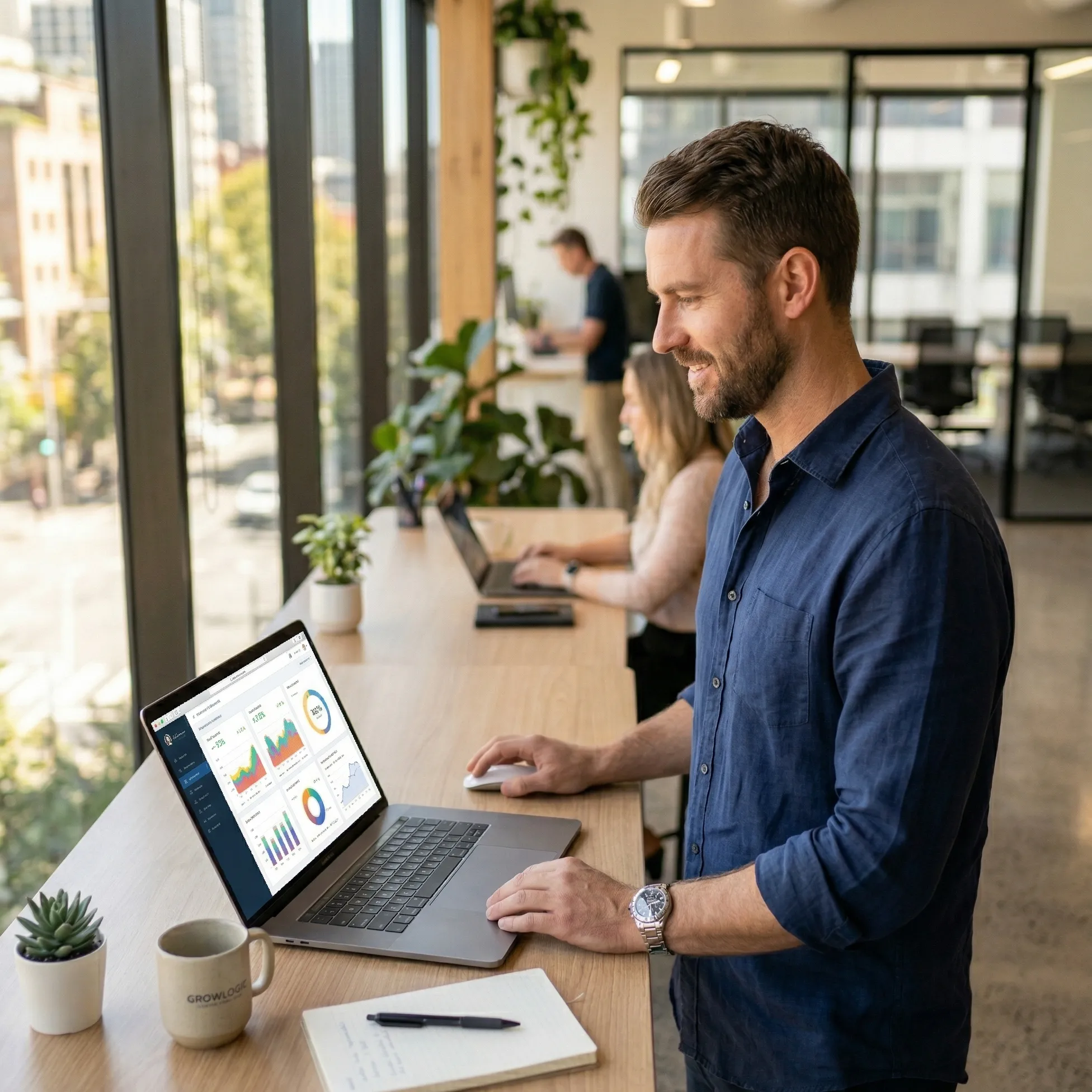 Business owner reviewing AI dashboard analytics